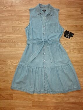 NWT Sz L Petite Jones New York  Blue Sleeveless Midi Shirt Dress with Tie Waist